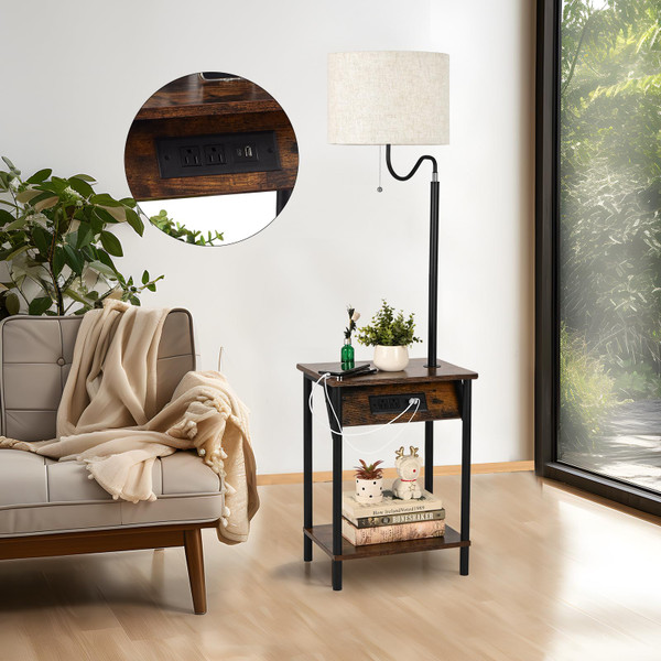 FIMEI Floor Lamp with Table, End Table with Charging Station USB Ports & Outlets, 3 Color Temperature Reading Light Bedside Table, Nightstand with Shelves for Bedroom Apartment (Natural Wood)