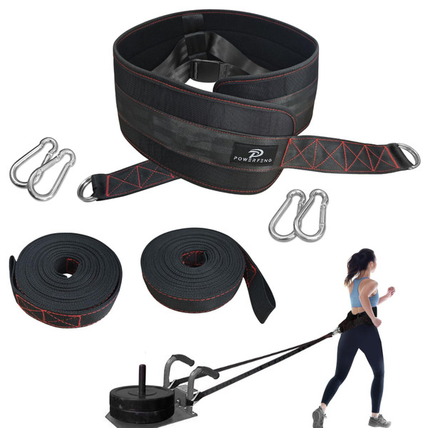Adjustable Sled Belt for Resistance & Agility Training - 2 Sled Pulling Straps & 4 Hooks
