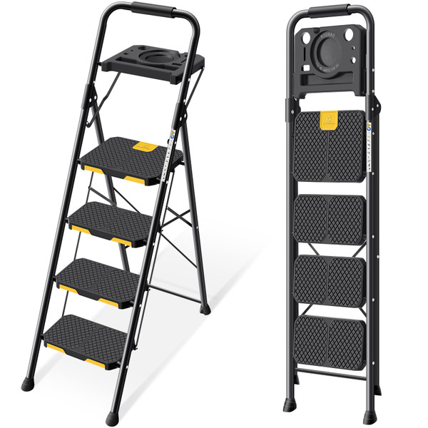 KINGRACK 4 Step Ladder with Tool Platform, Folding Step Stool with Wide Pedal, Safety Locking, Sturdy Steel Ladder Portable Safety Ladder for Painting Home Outdoor Garage