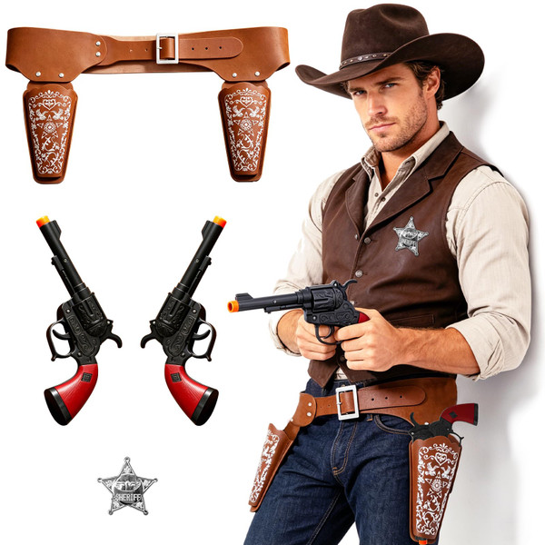 Cowboy Holster Gun Set,Western Cowboy Guns with Holsters,Brown Prop Gun for Western Cowboy Accessory,Halloween Party,2 Fake Guns,2 Gun Holsters and 1 Badge