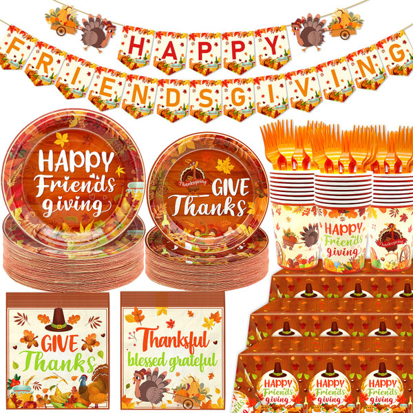 Yavxzvbw 189Pcs Friendsgiving Party Decorations Friendsgiving Plates and Napkins Friendsgiving Tablecloth Friends Giving Party Decorations Friendsgiving Cups Friendsgiving Decorations