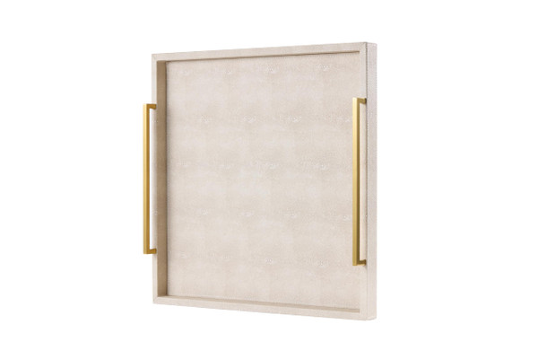 24"x24" Oversized Square Ottoman Tray for Living Room, Extra Large Ivory Shagreen Leather Decorative Tray for Coffee Table,Wooden Serving Trays for Dinner Party (Ivory -Gold Handle, 24")