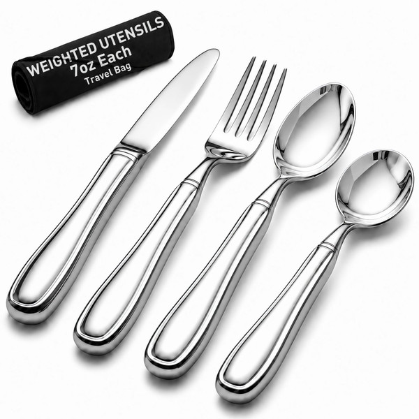 Weighted Utensils for Hand Tremors – 4-Piece Stainless Steel Adaptive Utensils for Parkinson’s, Arthritis, Elderly – Includes Deep Scoop Spoon, Shallow Spoon, Fork, Knife & Travel Bag