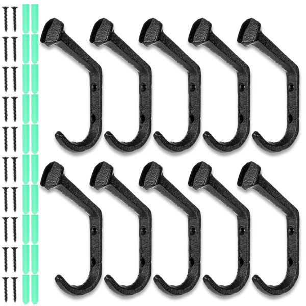 Lemecima 10 Pcs Rustic Cast Iron Hooks, Wall Mounted Vintage Railroad Spike Coat Hangers, Heavy Duty Black Farmhouse Hooks for Hanging Coats, Clothes, Hats, Bags, Scarves, Towels, Keys