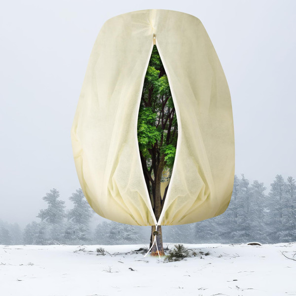 WILLBOND 10 x 12 Ft Huge Plant Covers Freeze Protection Frost Cloth with Zipper and Drawstring Shrub Jackets Extra Large Winter Tree Cover Frost Blanket Protection Bags for Outdoor Plants Bush (Beige)