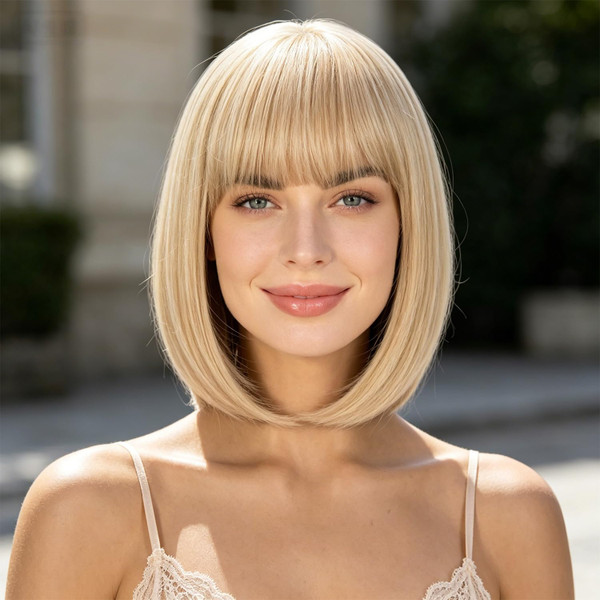 Amaattee Blonde Bob Wig with Bangs 12 Inch Short Straight Blonde Bob Bangs Wig Heat Resistant Synthetic Bob Wigs for Women