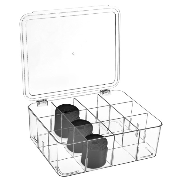 Varku Tie Organizer Box, 12-Cell Clear Tie Rack Organizer, Stackable Tie Display Rack, Drawer Closet Storage Bin with Lid, Storage Box for Ties (12 Grids)