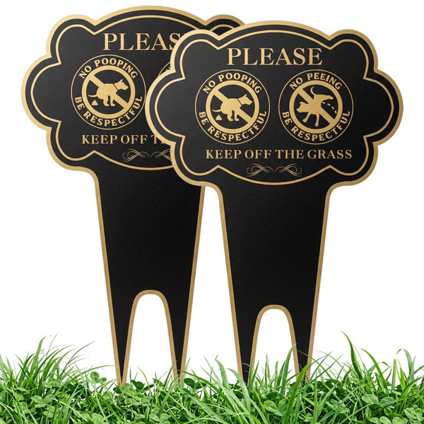 No Poop or Pee Dog Sign - 2 Pack, 14.5”X9.5” Keep Off The Grass Aluminum Lawn Signs with Integrated Stake, Outdoor Pet Warning Signs for Yard, Garden, Lawn, Weatherproof, Easy Install