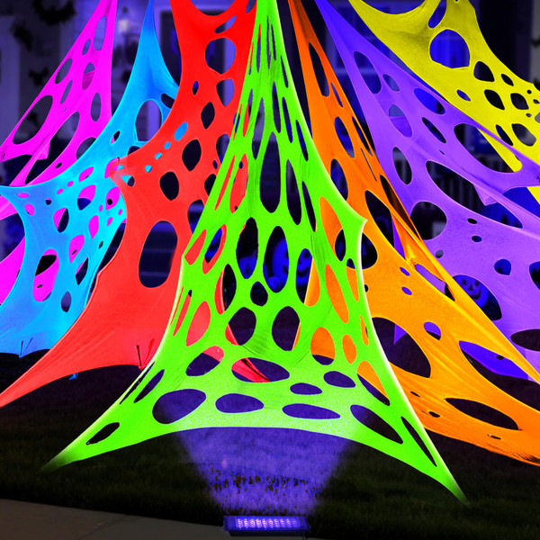 Glow in the Dark 1800 Sqft 7 Colors Uncut Giant Spider Web Cowebs Halloween Decorations Outdoor with 1 Black Light &10 Ground Nails Stretchy Beef Cloth Netting DIY Flexible for Yard Party Decor