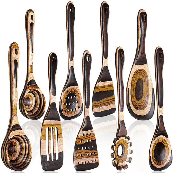 Teenyyou 9 Pcs Brown Pakkawood Wood Kitchen Utensils Cooking Set