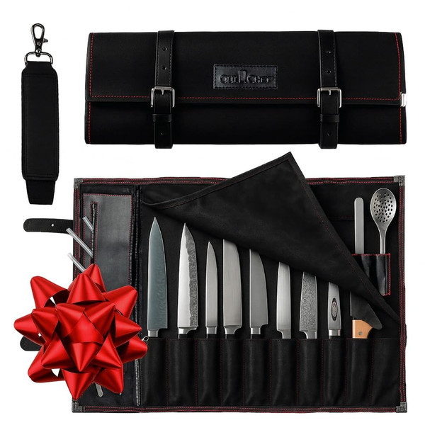 OuiChef Chef Knife Bag for 10 Knives & Utensils - Waxed Canvas & Vegan Leather - Travel Knife Case with Straps - Professional Chef Roll Bag