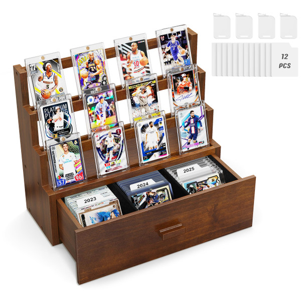 Emfogo Trading Card Display, 3-Tier Card Display Case with Custom Drawer, Wood Graded Card Display with Supporters and Dividers, Sports Card Display Case for Collection (Walnut)