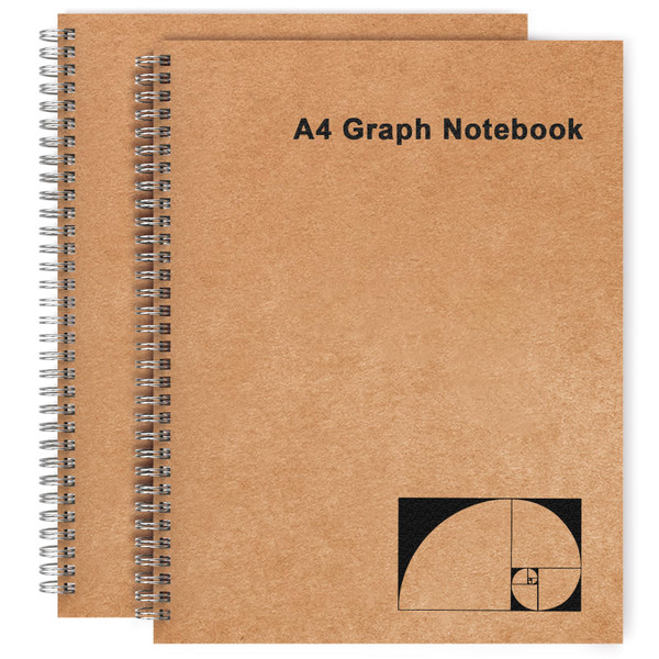 Mousbull A4 Graph Paper Notebook, 2 Pack Large Spiral Grid Notebook, 200 Pages 100gsm Thick 5mm Square Paper Quad Notebook for Engineering, Math, Taking Notes, Drawing - Kraft Brown Cover, 8.5" x 11"