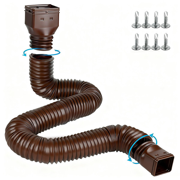 plusgutter 16.5ft Long Gutter Downspout Extensions Flexible, 4" Diameter Drain Downspout Extender, Down Spout Drain Extender for Rainwater Drainage, Extendable from 3.4ft to 16.5ft(1Pack Brown)