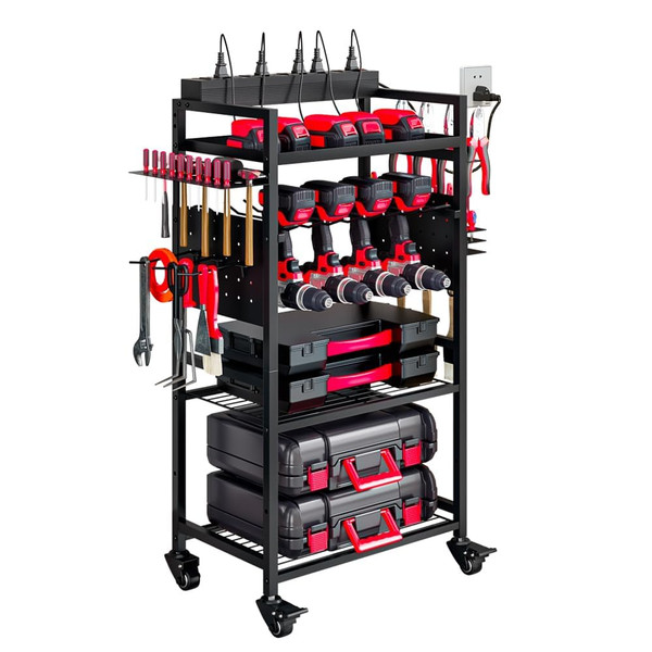 INGIORDAR Power Tool Organizer storage Cart with Charging Station,Black