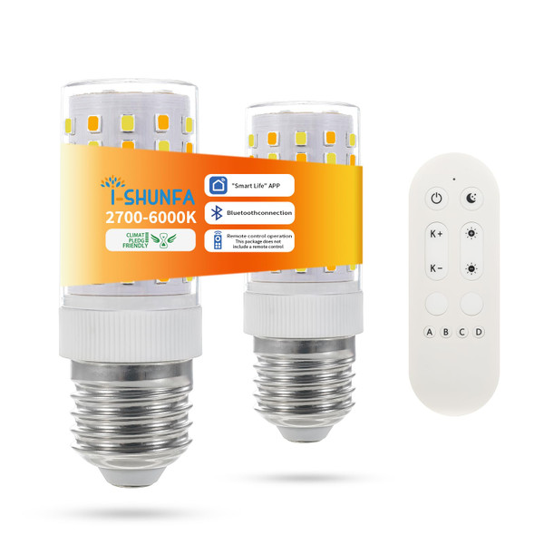 I-SHUNFA Smart E26 LED Bulbs with App & Remote Control, Dimmable Bluetooth Bulb, AC 120V, Tunable White 2700K-6500K, 1%-100% Brightness, 7W 700LM, Music Sync, Timer Function (2 Pack with Remote)