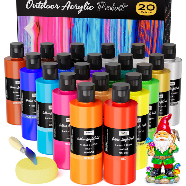 Nicpro 20 Colors Large Outdoor Acrylic Paint Set, 8.45oz Waterproof Paints