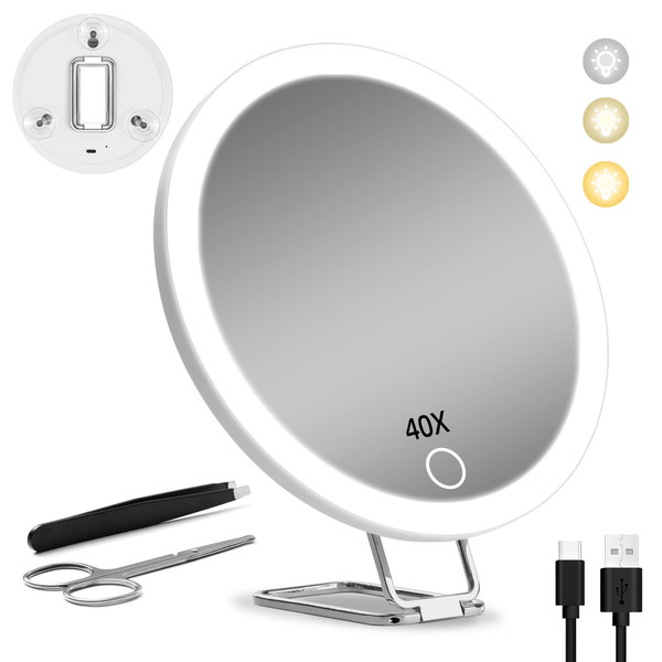 40X Magnifying Mirror with Lights, 6inch Makeup Mirror, Compact Travel Size
