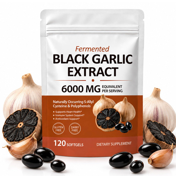Fermented Black Garlic Extract 6000mg, Odorless Aged Black Garlic Organic Supplementfor Daily Digestive Balance, Immune & Antioxidant Support, Vegetarian, All-Natural,120 Softgels