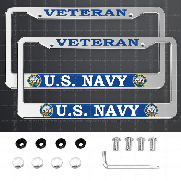 2 Pack Veteran License Plate Frames for U.S. Navy, Silver Universal Aluminum Front and Rear Retired License Plate Holder for Department of The Navy