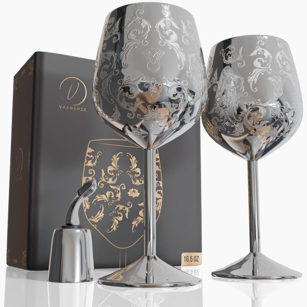 vaanshie Mother’s Day Gift for Mom – Set of 2 Silver Stainless Steel Wine Glasses, 17oz Engraved Goblets with Bottle Stopper, Unbreakable Elegant Wine Cups, Gift for Women, Wife, Mom, Sister