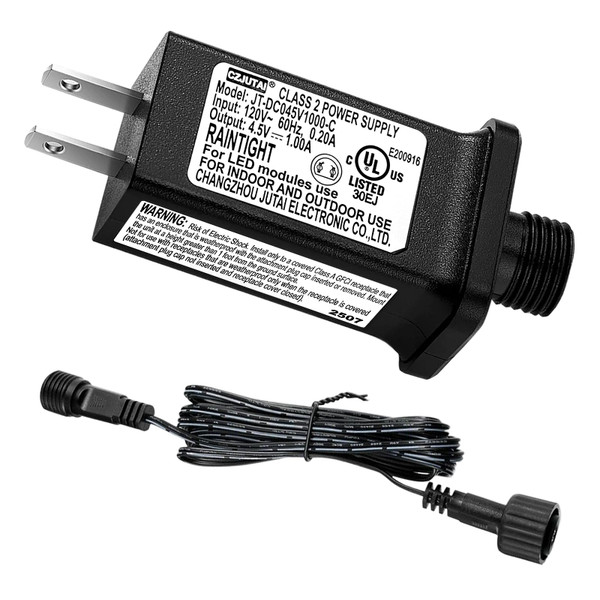 4.5V 1A LED Controller with Extension Cord, Replacement Model JT-DC45V1000-C Class 2 Power Supply IP44 LED Light Controller Low Voltage Transformer for Halloween Christmas Holiday String Light