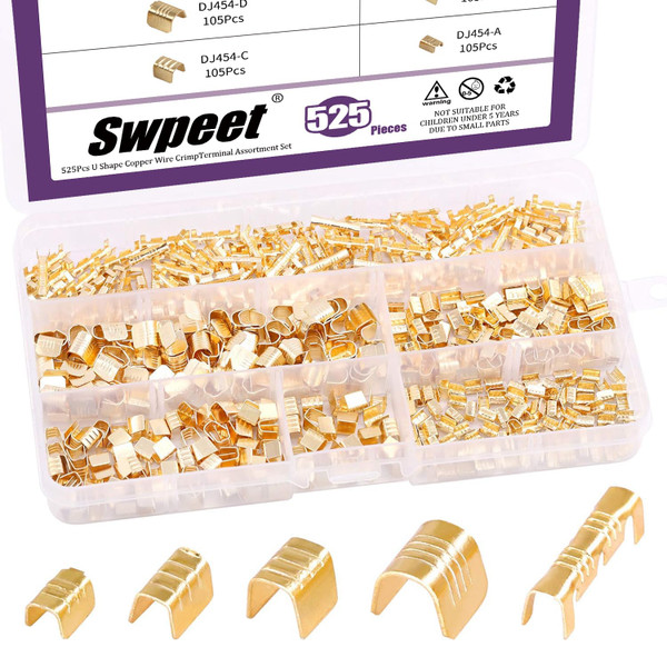 Swpeet 525Pcs Gold DJ453 DJ454-A DJ454-B DJ454-C DJ454-D Non-Insulated U Shape Wire Crimp Copper Terminal Connector Kit, Ring Lugs Crimp Cable Terminal for Solid or Stranded Wires
