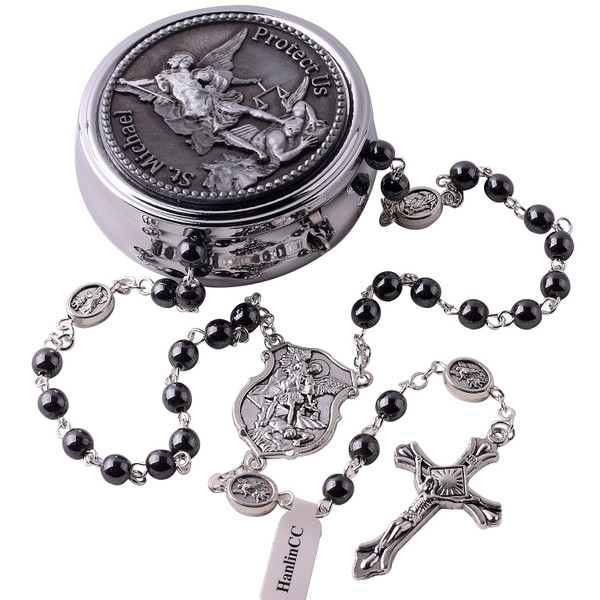 HanlinCC Catholic Rosary Saint Michael Hematite Bead Necklace with Gift Box