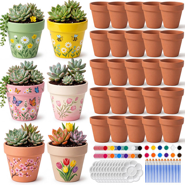 Singhoow 25 Set 2.5" Mini Terracotta & Ceramic Pots Paint Craft Kit, Red