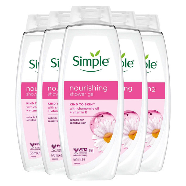 Simple Nourishing Shower Gel Family Nourish (5 x 675ml) - Sensitive Skin Bath Wash & Soap Free Body Cleanser, Vegan Daily Use Body Wash, Bulk Buy Shower Gel Multipack
