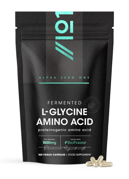 Fermented L Glycine 1500mg with BioPerine® – 180 Vegan Capsules – High Strength L Glycine Amino Acid Supplement – Resealable and Recyclable Pouch By Alpha01