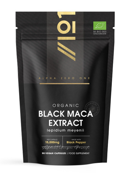Organic Black Maca Root 15,000mg with Black Pepper – Peruvian Black Maca Supplement for Men - 90 Vegan Capsules (3 Months Supply) – Resealable and Recyclable Pouch by Alpha01