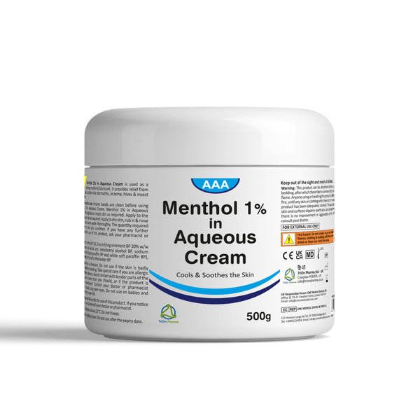 Aqueous Cream with Menthol 1% - 500g | Cooling Emollient for Softening & Soothing Skin | External Skin Cleansing Agent
