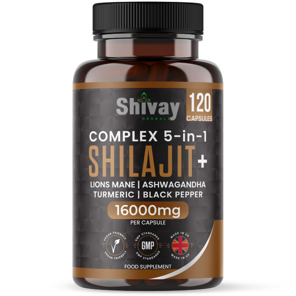 Shilajit 16000mg Complex 5 in 1 with Ashwagandha + Lions Mane | 120 Vegan Capsules - 4 Month Supply | High Strength Pure Himalayan Shilajit | Rich in Fulvic Acid | Made in UK by Shivay Herbals