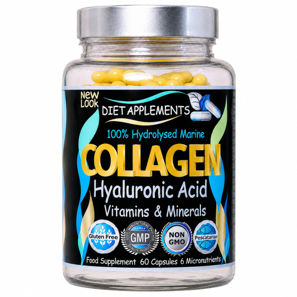 Advanced Skin, Hair, Nails, Bones Complex. Marine Collagen from Wild Fish 1000mg, Hyaluronic Acid 200mg; Vitamin C, Zinc, Copper for Immune System; E, B2, Iodine. 100% Hydrolyzed Peptides Supplement.
