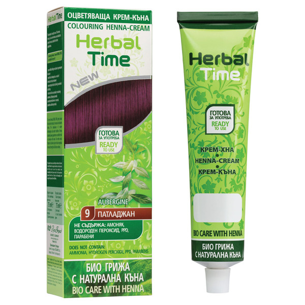 Herbal Time Henna Natural Color Aubergine Nº 9 | Coloring Cream With Nettle Extract | Gray Hair Cover | Temporary Dye | Ammonia, Sulfates, Parabens Free | 75 ml