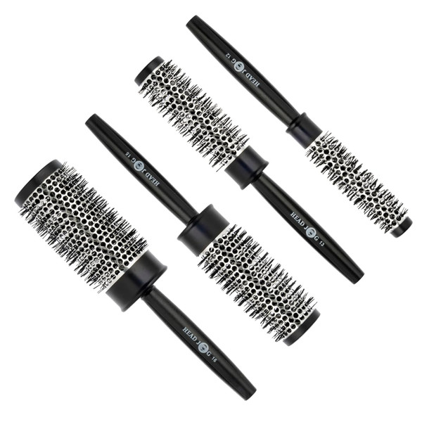 Head Jog Heat Retainer Round Hair Brush Set (4 Pack) Black & Silver