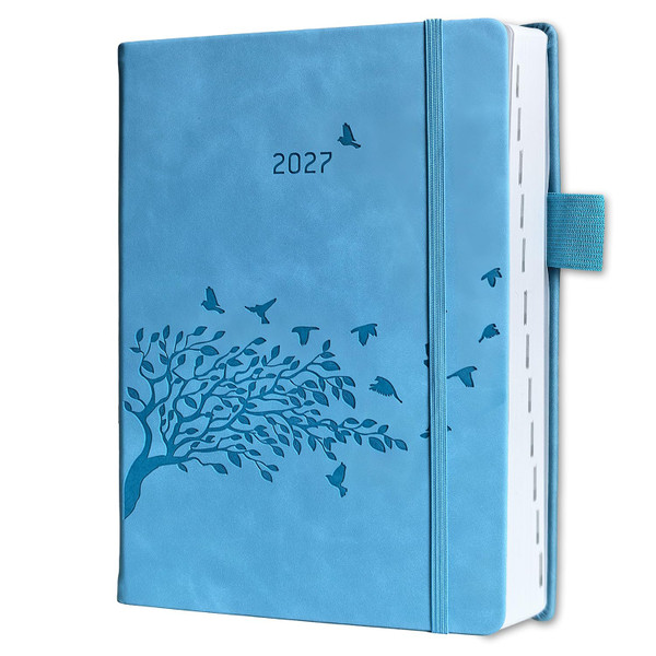 2027 Diary A5 Page a Day | Daily Planner with Monthly Tabs, Back Pocket, Pen Holder, 2 Bookmarks, Notes & UK Holidays | PU Hardcover & Elastic Closure | Jan-Dec 2027 | Agenda For Home, Office & School