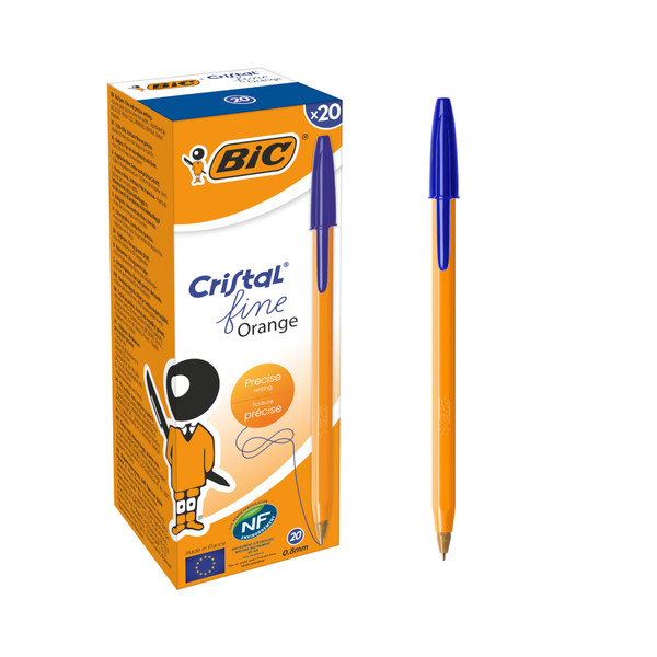 BIC Orange Fine Ballpoint Pens, Fine Point (0.8 mm), Blue Ink, Box of 20 - Writing Pens with Long-Lasting Ink, 8099221