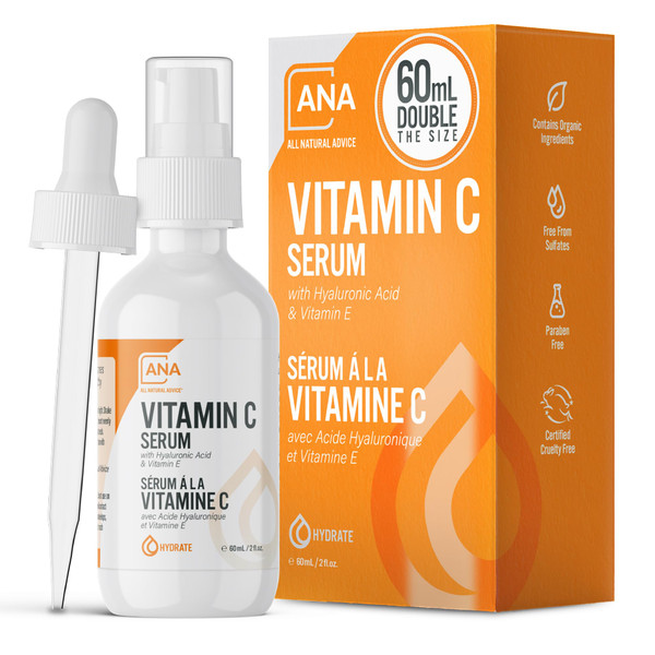All Natural Advice Vitamin C Serum For Face with Hyaluronic Acid & Vitamin E – Facial Serum - Organic Face Care -Proud Canadian Company (60ml / 2oz)