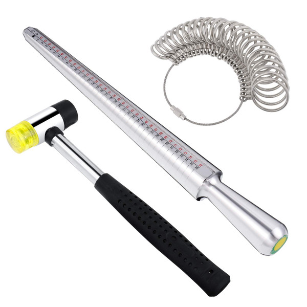 3-in-1 Metal Ring Mandrel, Ring Sizer, and Gauge Set with Rubber Hammer