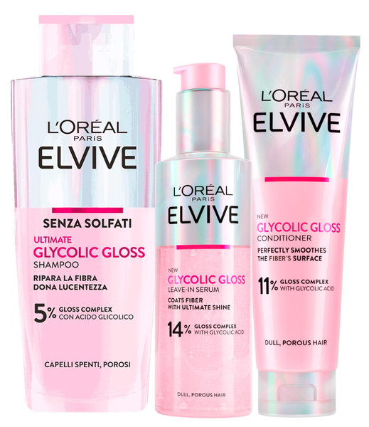 L'Oréal Paris Elvive Glycolic Gloss Conditioner 150ml + Shampoo 200ml + Leave-In Serum 150ml Set for Dull and Porous Hair Intense and Long-Lasting Shine - 3 Bottles