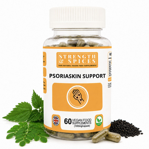 Strength & Spices Psoriasis Relief Skin Care Supplements, Immune System Booster with 31 Powerful Ingredients and Amino Acids, Soothes Red, Flaky Skin, 1000 mg, 60 Vegan Capsules