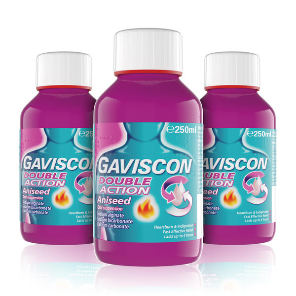 Gaviscon Double Action Aniseed Liquid 250ml x 3 Bottles - Fast Heartburn & Indigestion Relief, Antacid for Effective Digestion, Nausea Aid