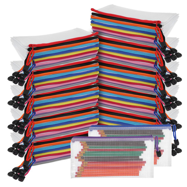 100 Pack Pencil Pouch Bulk Operation Christmas Mesh Zipper Pencil Cases Gifts -A6 File Bag Clear Storage Case Multipurpose Toiletry Cosmetics Bags for Office Bill Travel 9.5'' x 4.5''(10 Colors)