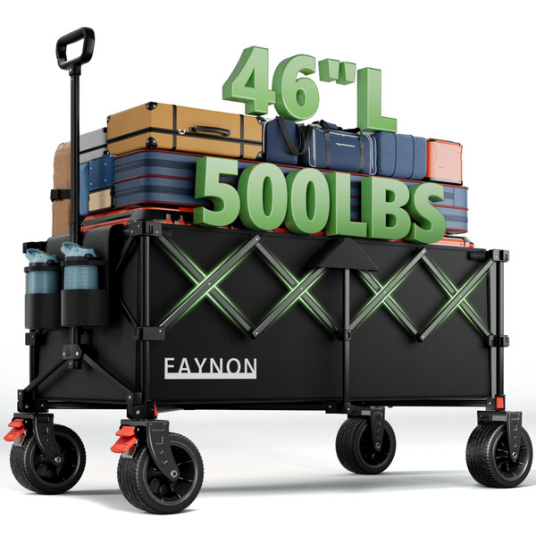 42'' L Collapsible Foldable Wagon, Folding Trolley Cart, 500LB Weight Capacity with 220L Heavy Duty Folding Cart, Utility Wagon with Big All-Terrain Beach Wheel