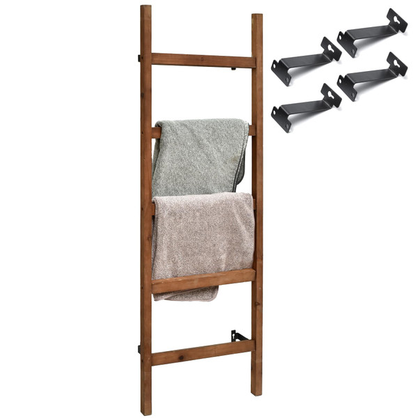 FUIN Wall Mounted 57in Wooden Blanket Ladder Living Room Decorative Farmhouse Quilt Display Holder Rustic Wood Towel Rack for Bathroom