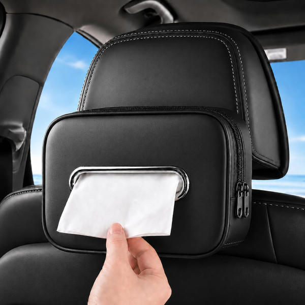 Car Tissue Holder, Extra Large Capacity PU Leather Tissue Holder for Car Fits 120–180 Count Tissue Boxes, Wider Opening for Easy Access, Dual Zipper & Buckle Strap for Headrest, Console, Seat Back