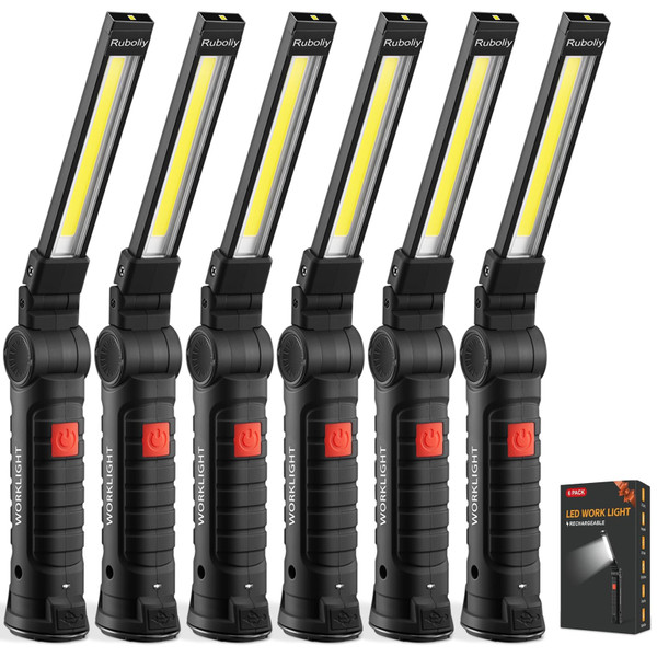 Ruboliy Magnetic Work Light 6Pack, Rechargeable LED Work Light with 360° Rotation, 5 Mode Mechanic Light, Compact Rechargeable Flashlight with Hook for Car Repairing, Emergency, Fathers Day Dad Gifts