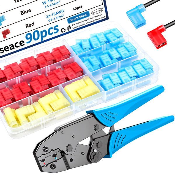 smseace 81pcs Right Angle Spade Connectors with Flag Terminal Crimper 22-18/16-14/12-10AWG Quick Disconnect Flag Connector + Electrical Crimping Tool for right angle spade connector